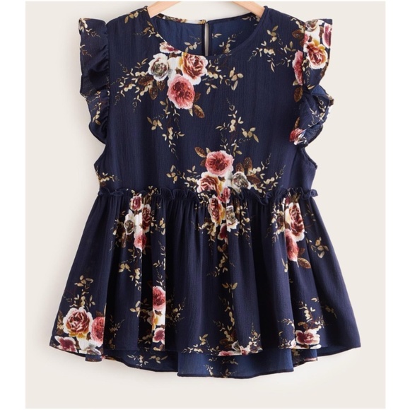 Tops - PLUS boho floral ruffle sleeve smock top Navy